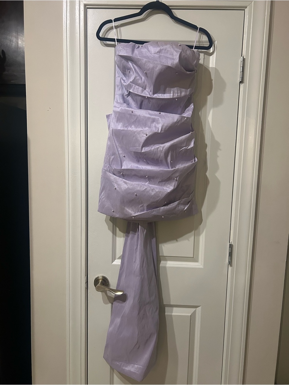 Strapless Lavender Cocktail Wedding Dress with Draped Train